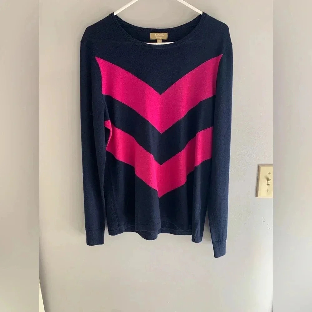 Woman’s Merino Charter Club Navy & Pink Chevron Wool Long Sleeve Sweater Size XL